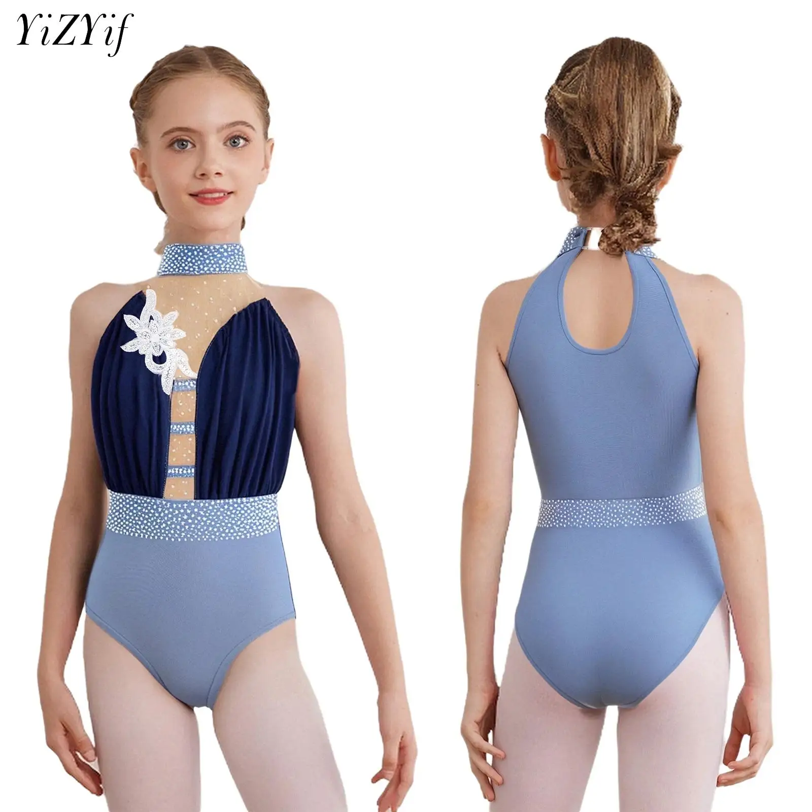 

Купальник для фигурного катания для девочек, балета и танцев, без рукавов, с блестками, аппликация, стразы, художественная гимнастика, акробатика, акробатический комбинезон