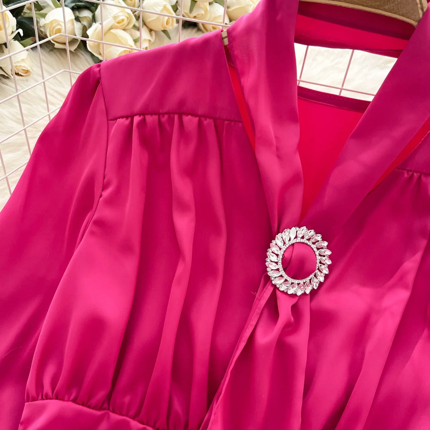 Vintage Halter Slim Riddons Chic Pleated Basics Long Flare Sleeve Satin Top Korean Women Streetwear High Street Autumn Blouse