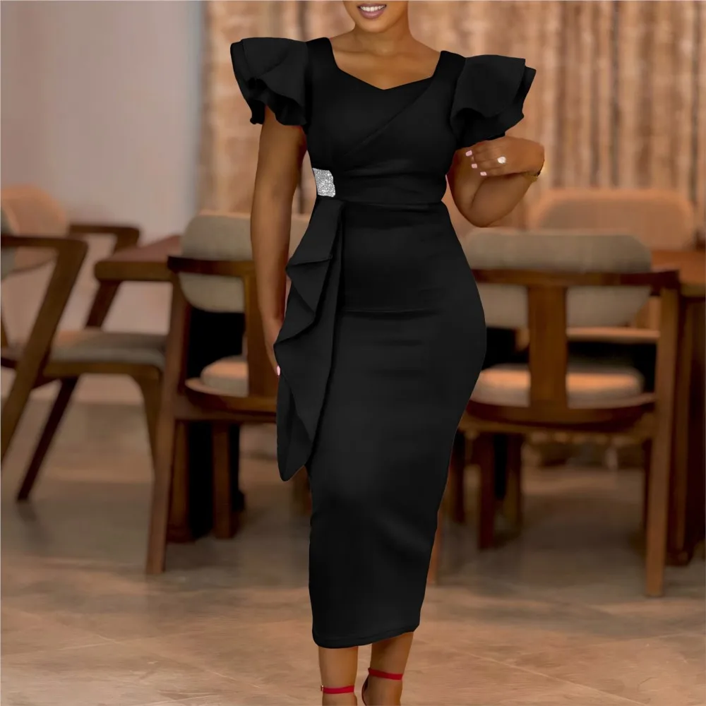 Fashion Ruffled Slimming Women's Dress Summer New Short Sleeved Slimming Body Hugging Elegant Female One Step Office Dress 2025