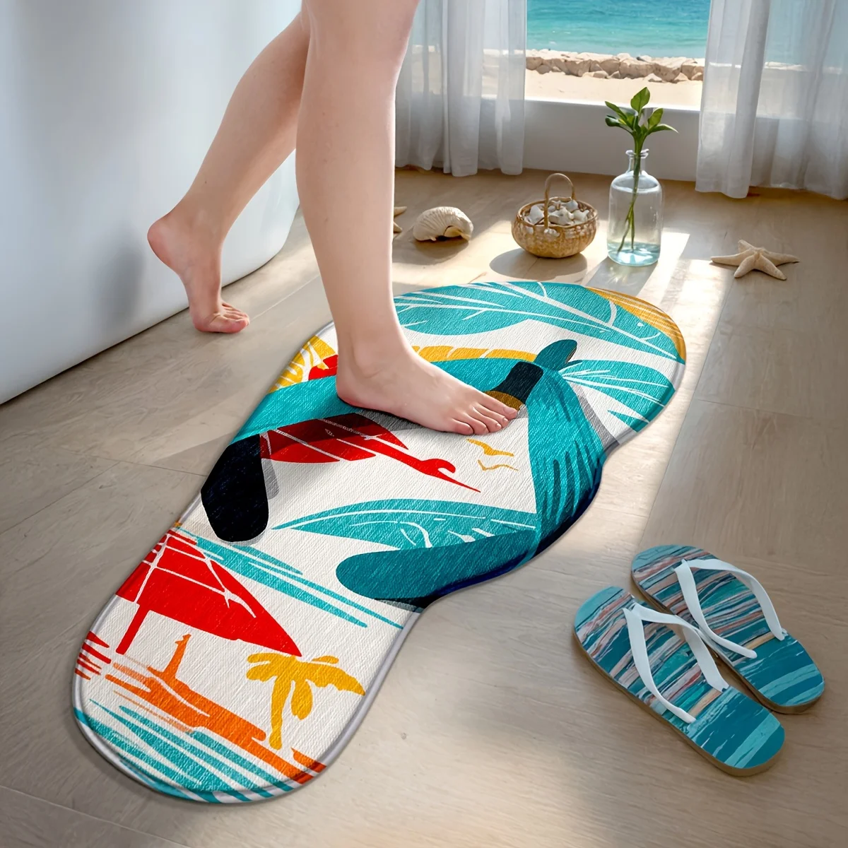 VIKAMA Seaside Style Carpet Machine Washable Non Slip Shaped Bathroom Mat Bathroom Shower Room Home Decoration Carpet