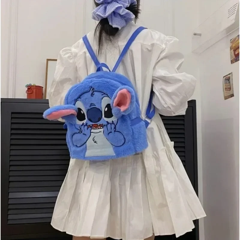 Hot Disney Plush Backpack Kawaii Cartoon Stitch Large Capacity Student Schoolbag Cute Anime Pink Kindergarten Bag Kid Girl Gifts