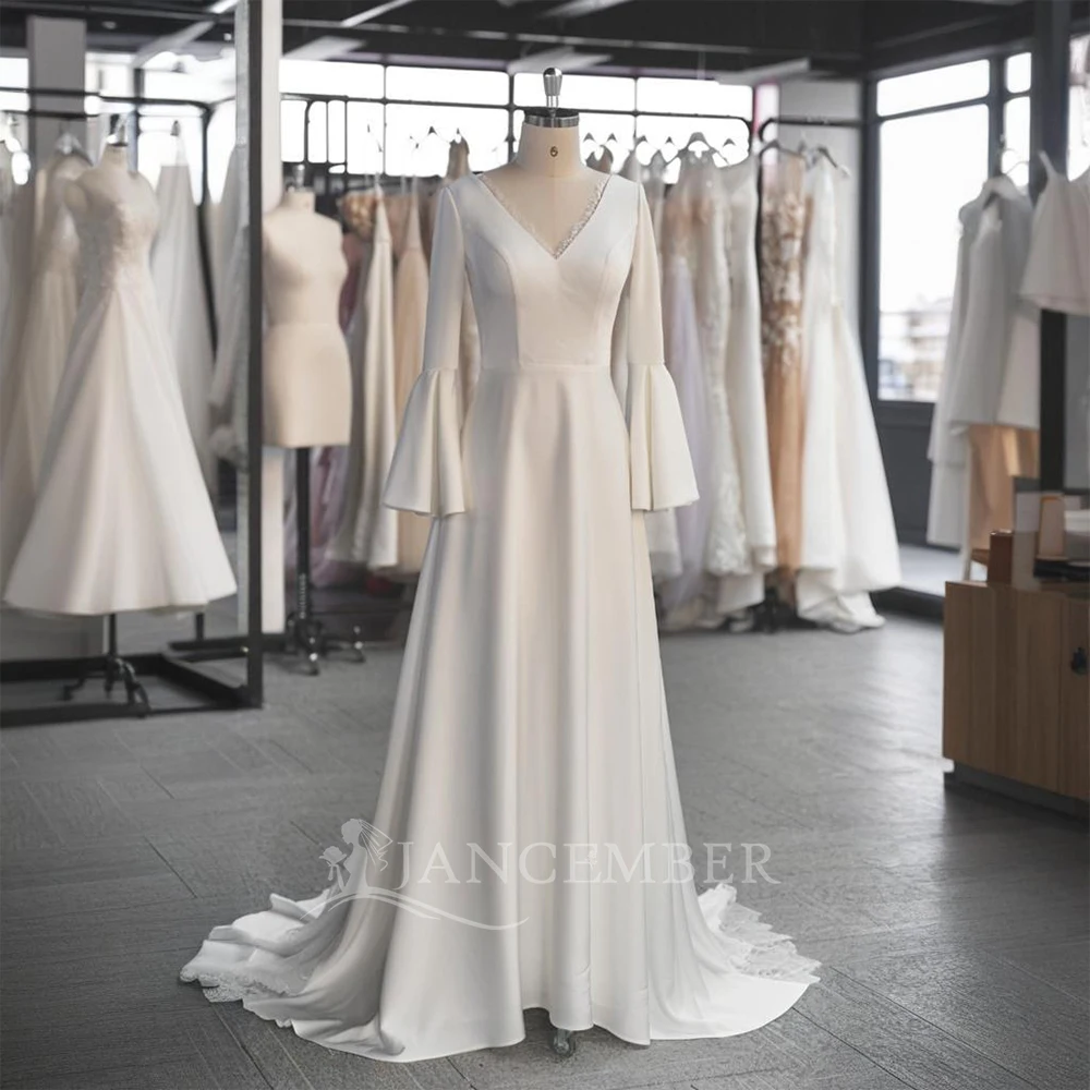 

Full Sleeve Wedding Dress 2025 V-neck Satin A-Line Princess Bride Gown Backless Lace Up Zipper vestidos de novia LSSG020