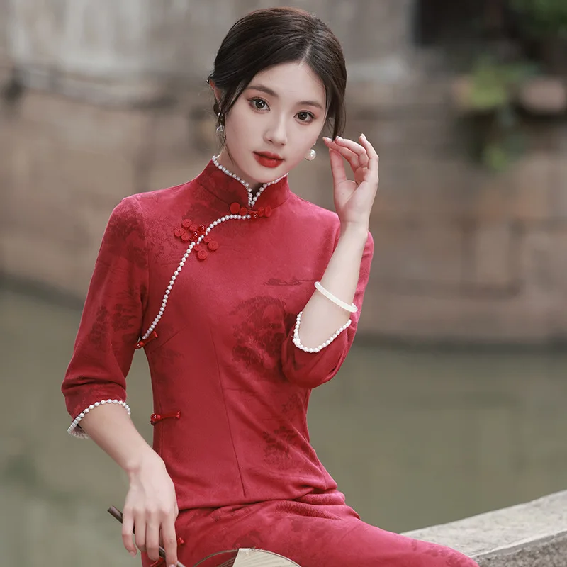 

Yourqipao Autumn 2023 Gentle Elegant Ladylike Maroon Cheongsam Suede Carved Vintage Qipao Chinese Style Evening Dress for Women