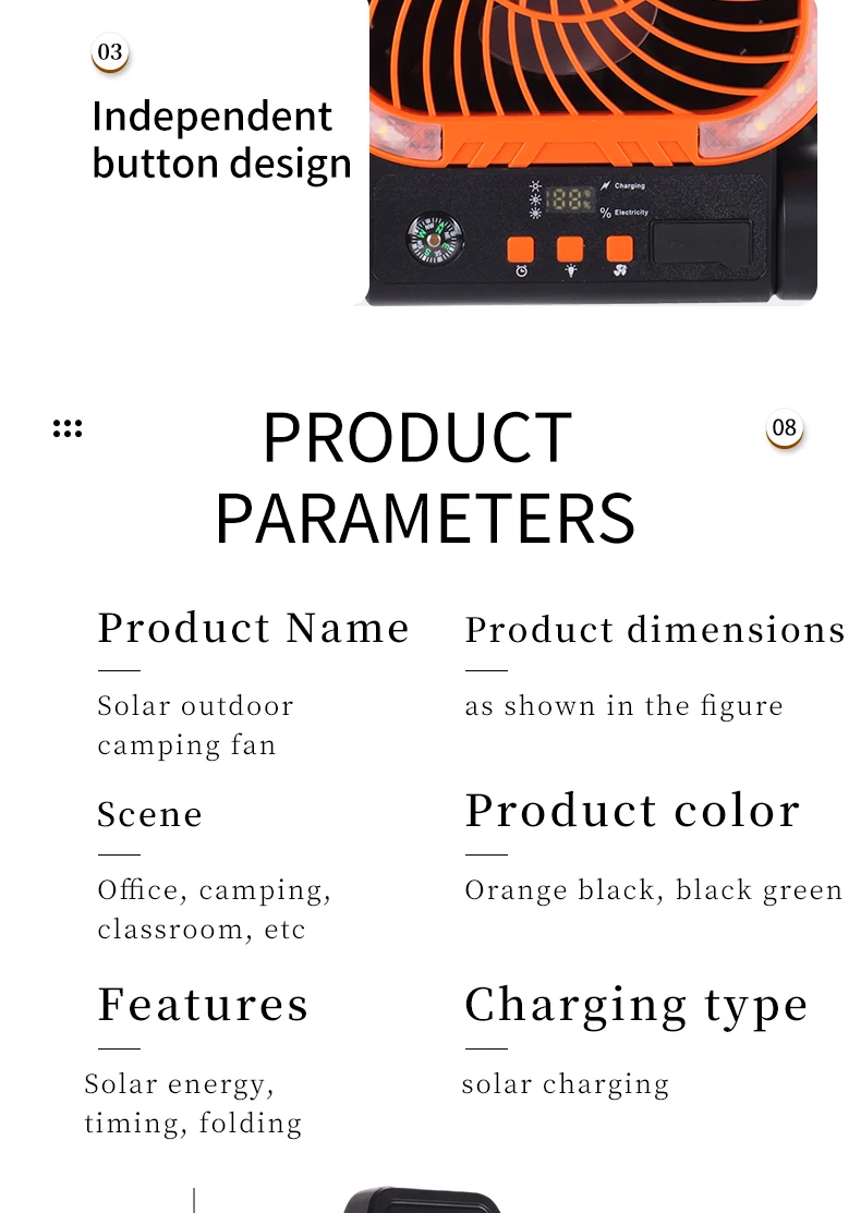 Solarbetriebener Campingventilator, tragbarer, wiederaufladbarer Tischventilator für den Außenbereich mit LED-Licht, Powerbank, Klapphaken für Zelt und Angeln – Detail 14