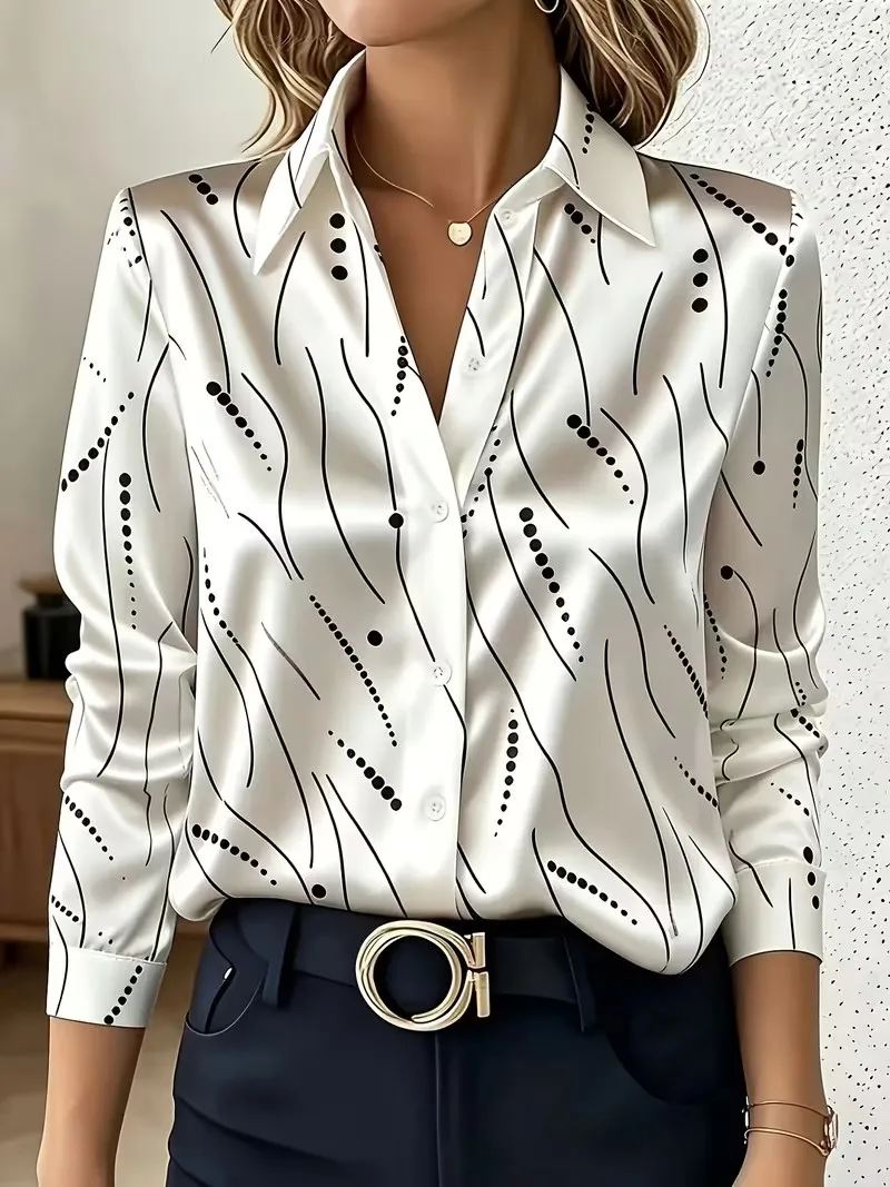New gold-plated curve polka dot abstract printed long sleeved shirt with smooth drape satin lapel men's versatile top