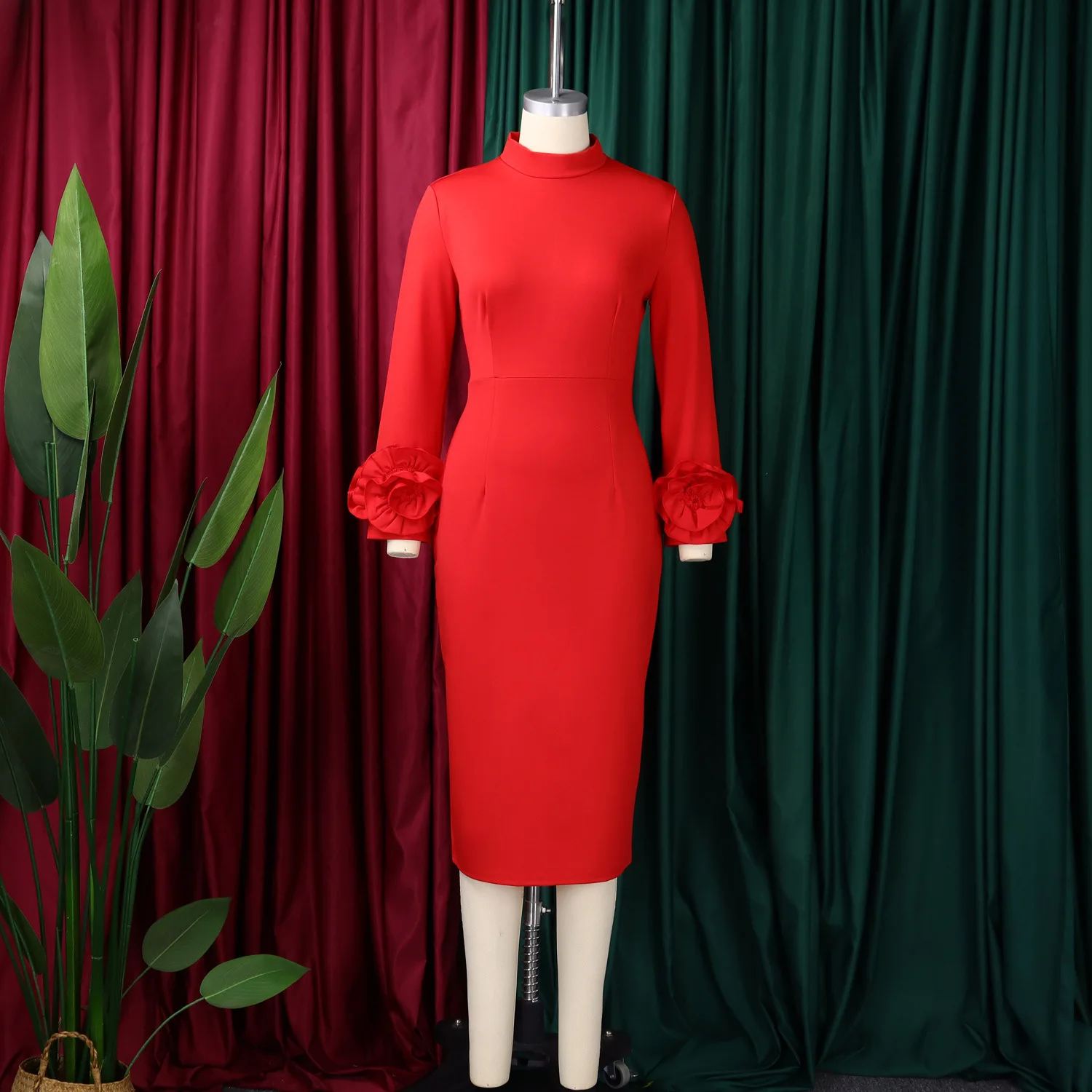 

Elegant Office Bodycon Pencil Mid Dress for Women O Neck 3D Full Sleeve Package Hips Dress Female Evening Guest Vestido