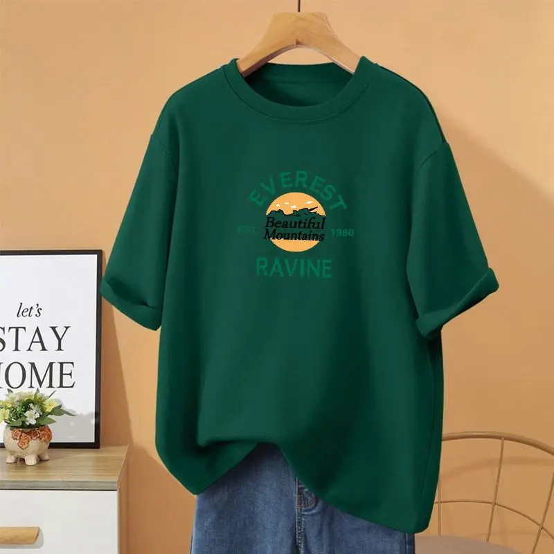 Women Clothing 100% Cotton Vintage O-neck T-shirt, Loose Casual Basic Short Sleeve Top Tee, Summer Cartoon Printed Pullovers