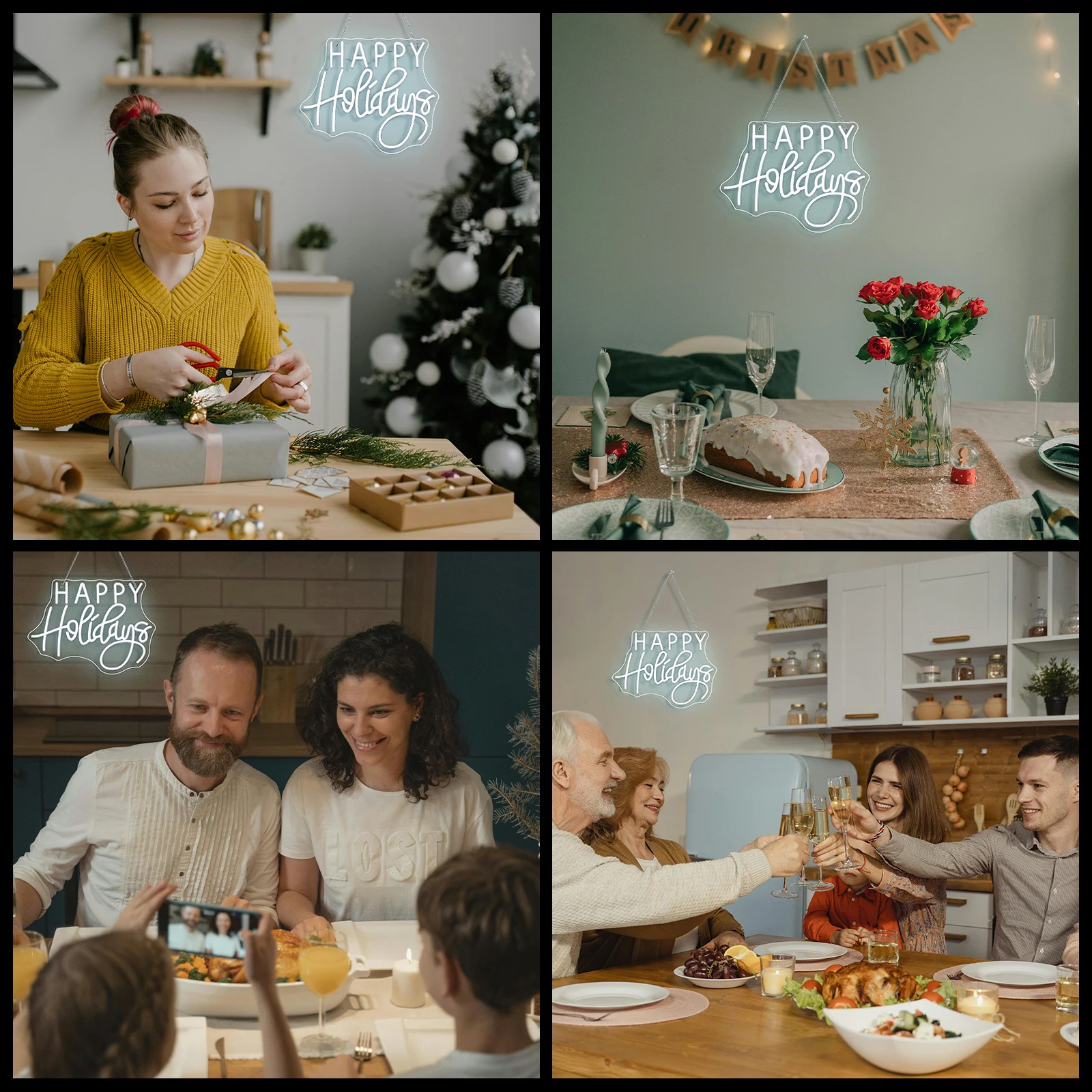 Happy Holiday Neon Sign USB Dimmable LED Light Up Sign Wall Decor For Christmas Party Windows Home Bedroom Bar