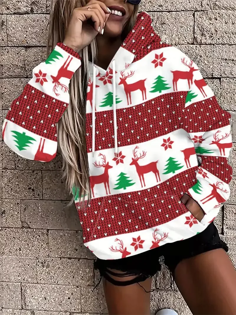 New Women's Christmas Style Hoodie Women's Long Sleeved Hooded Casual Pullover 3D Christmas Element Printed Loose Pullover Tops