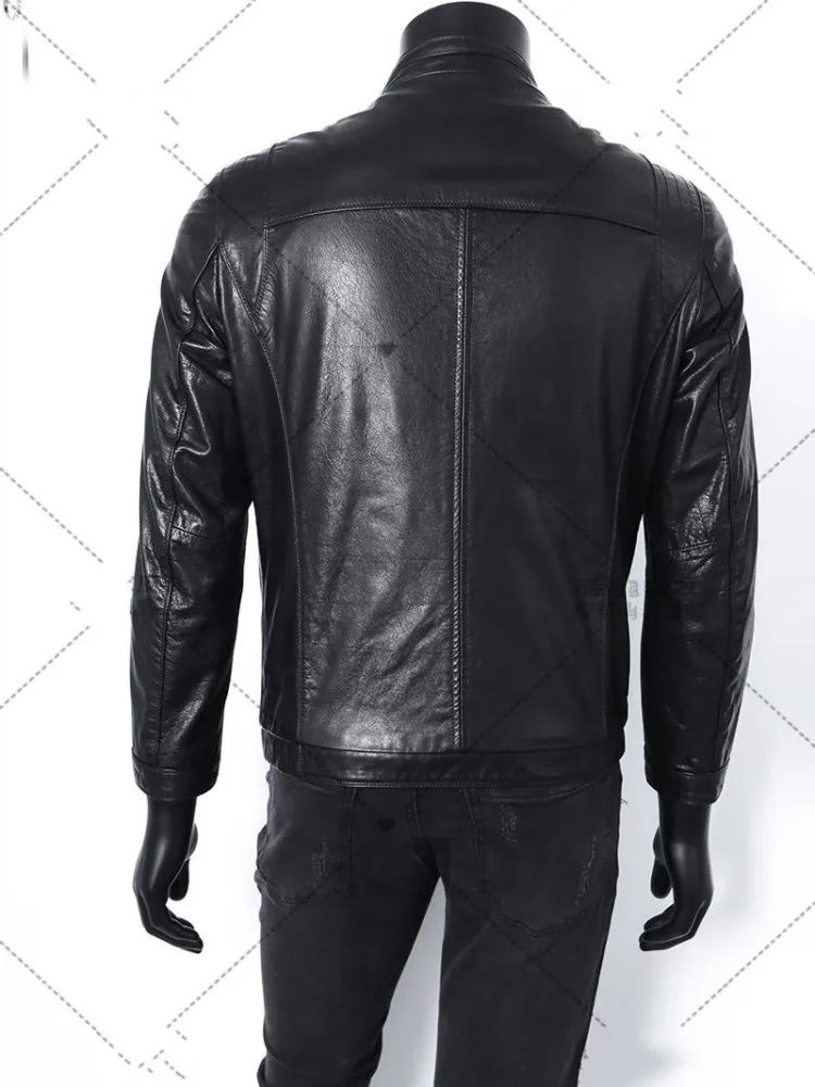 Mens Black Genuine Leather Stand Collar Jacket Zipper Slim Work Male Cowhide Short Biker Jackets Business Casual Outerwear Coat