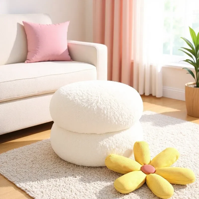 Creative Round Stool Lamb Wool Living Room Bench Low Footrest Sofa Ottoman Home Decor Door Shoe Changing Seat Internet
