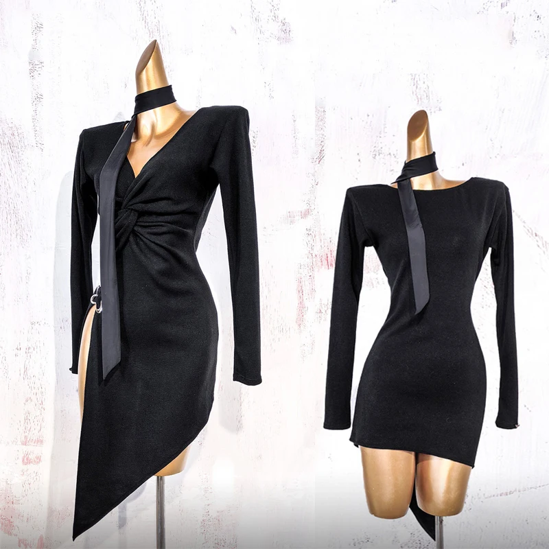 

Женские национальные костюмы для бальных танцев, черное платье для латинских танцев с длинными рукавами, одежда для латинских танцев для взрослых, самба, XS10913