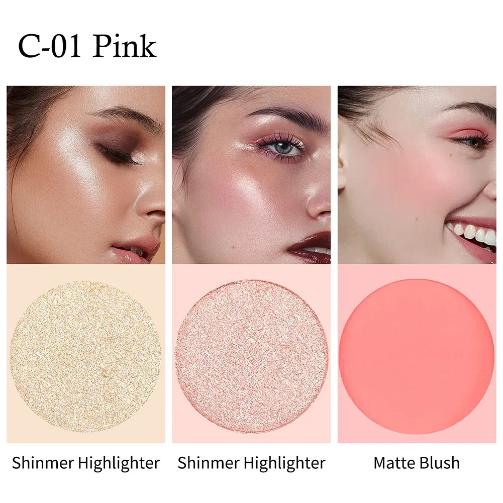 Paleta de maquiagem 3 em 1, sombra fosca e perolada, glitter, blush, iluminador, contorno, paleta de blush de 3 camadas para festa