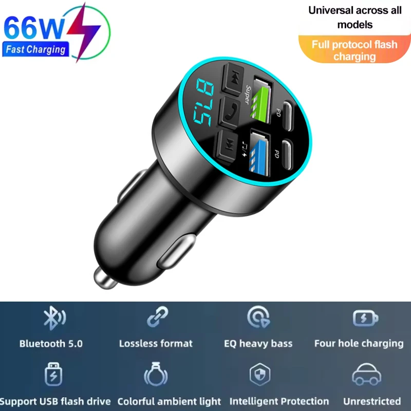 66W Bluetooth 5.0 FM Transmitter Car Radio Modulator MP3 music player Dual PD Ports USB Cigarette Lighter Car Charger  for Car