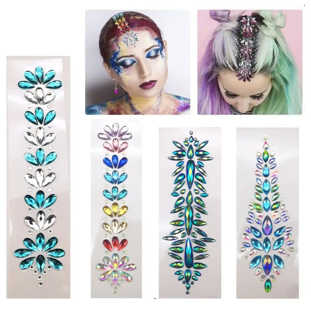 

Fashion EDM Music Festival Tattoo Stickers Glitter 3D Crystal Forehead Sticker Adhesive Face Decals Body Face Colored Rhinestone