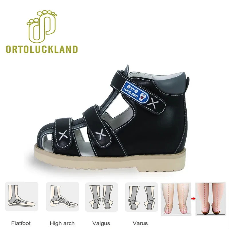 Summer Children Orthopedic Shoes For Kids Black Leather School Sandals Toddler Tiptoe Flatfoot Footwear With Arch Support