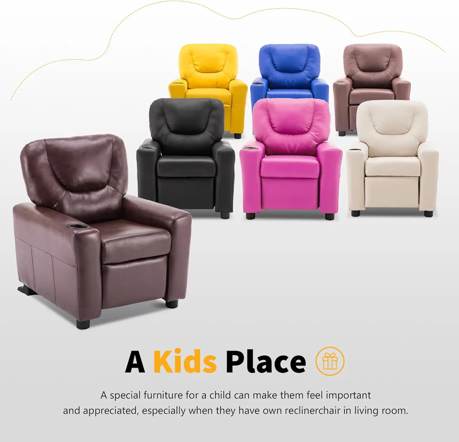 Kinder-Liegestuhl mit Getränkehaltern, Kunstleder Gelb