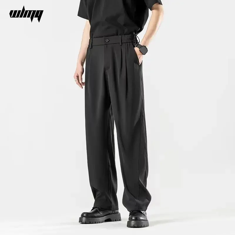 الصيف الرجال أنيقة البدلة الاجتماعية السراويل البريطانية الصلبة مستقيم واسعة الساق الأعمال بناطيل كاجوال موضة Y2k اليابانية الشارع الشهير