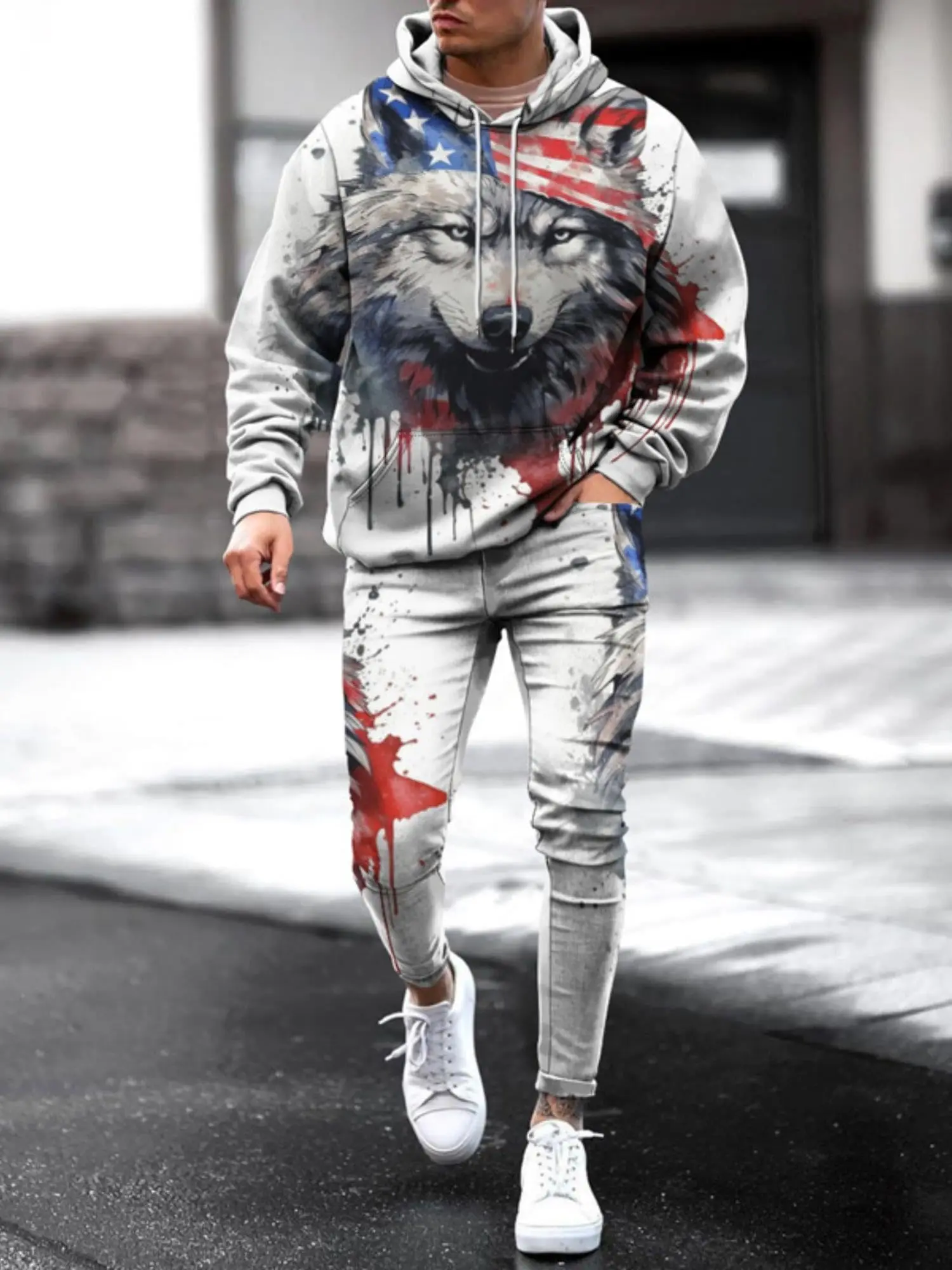 Men\'s 3d Printed Casual Flag Animal Hoodie Set Adult Two Piece Sportswear Sweatshirt Street Sweatpants Suit Men Women Universal