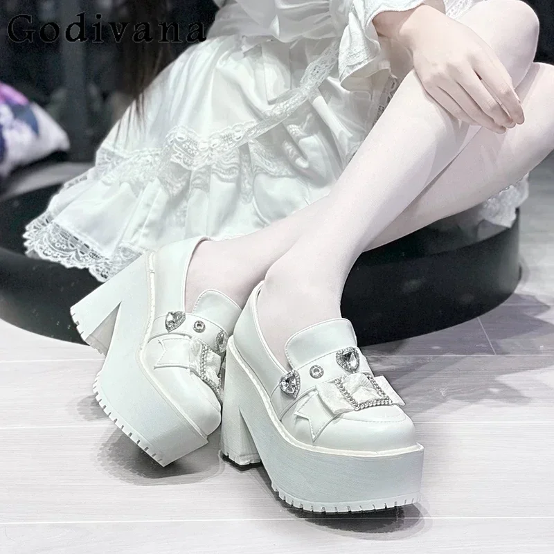 Original Mine Style Platform Shoes Women's Subculture Japanese Lolita High Heels Ladies Love Rhinestone Black Leather Shoes