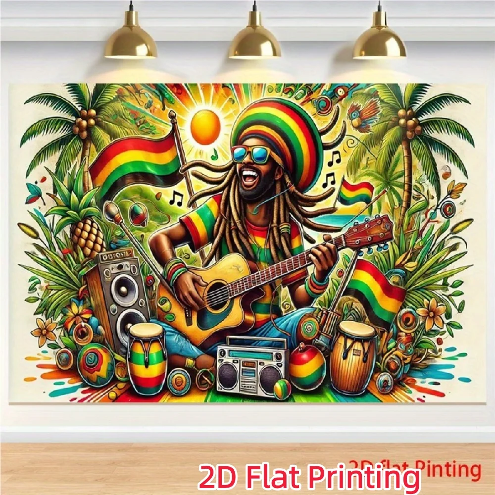 Reggae Music Man Tapestry 2D Flat Wall Hanging Rasta Flag Guitar Decor for Living Room Bedroom Caribbean Art Fabric