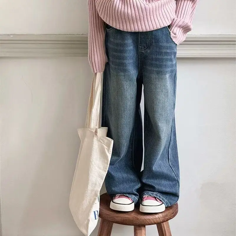 

100-160CM Girls New Jeans Spring and Autumn Children's Straight Leg Pants Kids Casual Trousers