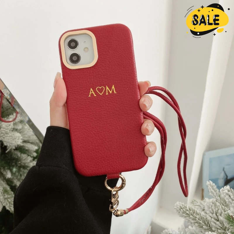 Funda de teléfono de PU con patrón de lichi y letras con nombre personalizado para Iphone 13, 12, 11 Pro Max, funda protectora cruzada con cordón a la moda