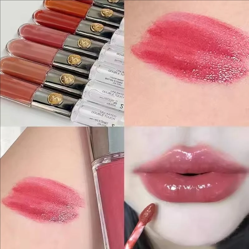 Novo brilho labial de duas cabeças, transparente, durável, copo antiaderente, espelho, batom, leite, chá, pasta de feijão, maquiagem labial