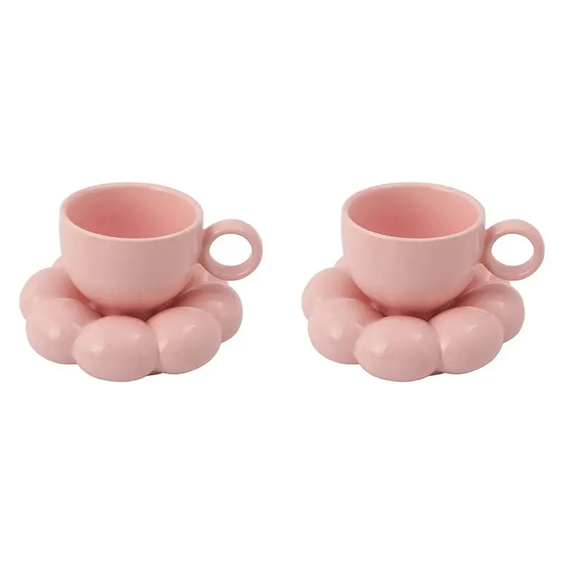 ABUH-2X Flower Coffee Cup & Saucer Set Cute Mug & Saucer Set Coffee Cup With Sunflower Saucer Latte Cups 6.7Oz Pink