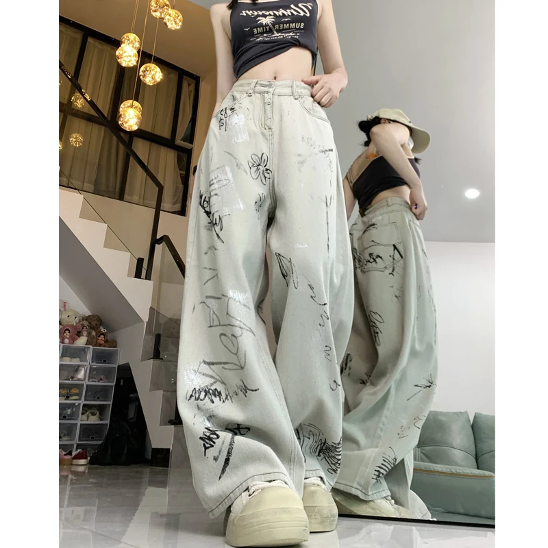 Jean Vintage à Jambes Larges pour Femme, Vêtement Streetwear, Imprimé Graffiti, Taille Haute, Style Hip Hop, Harajuku, Denim Droit, Y2K