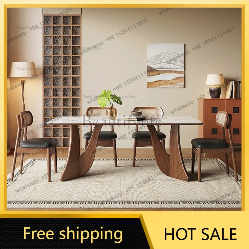 zj.Premium French Retro Solid Wood Dining Table Mid-Century Designer Dining Furniture Luxury Creative Sintered Stone Tabletop FY