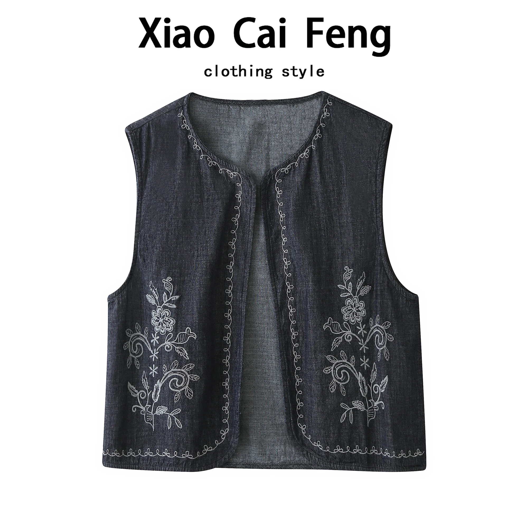 

Retro Embroidered Svel Denim Vest Loose Fit round Ne Top for Women Autumn Youthful oulder Pad Versatile Cotton Blend