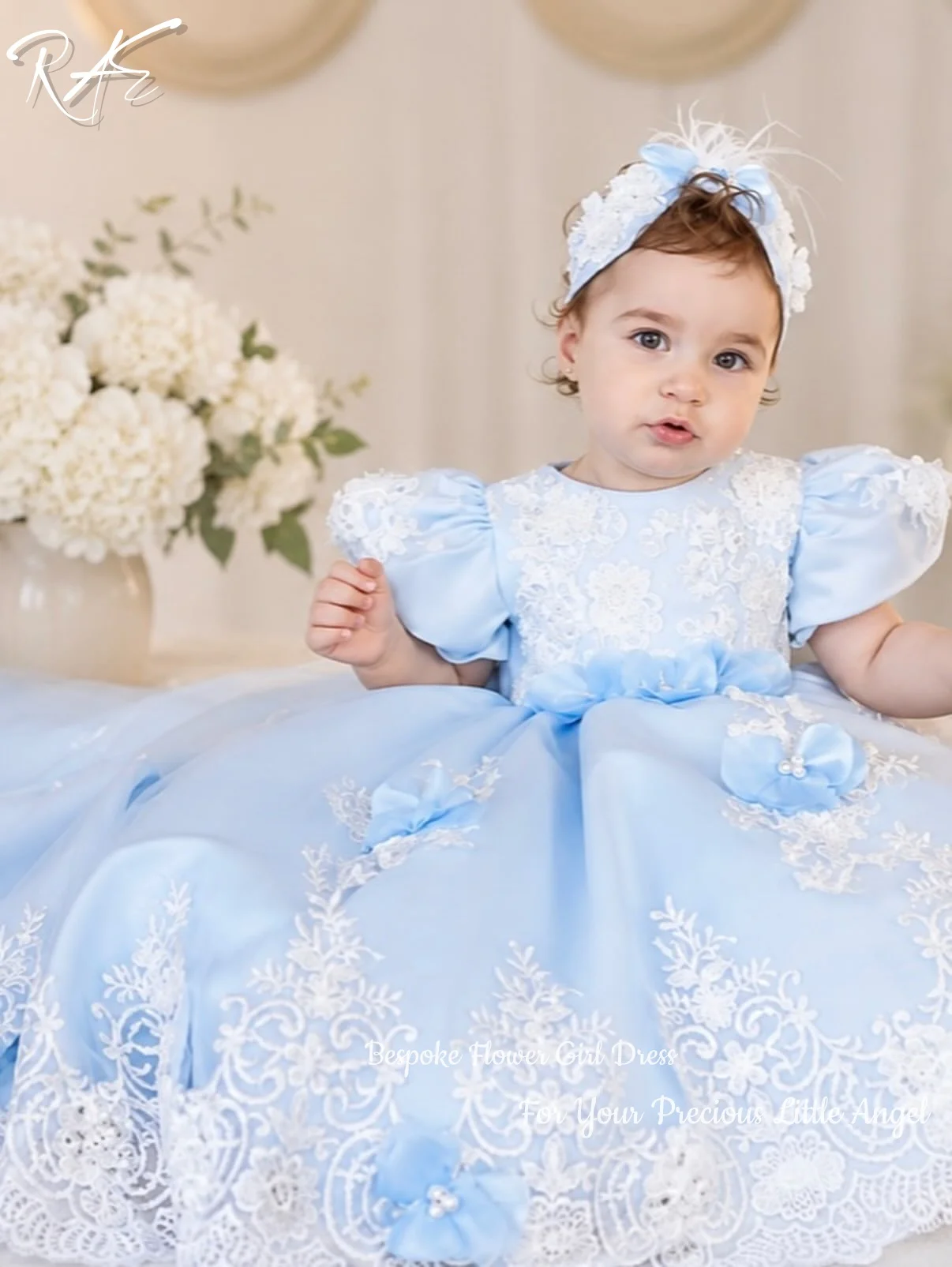 Sky‑Blue Satin Puff Sleeve White Lace Flower Girl Dress For Baby 1st Birthday Wedding Pageant  A‑Line Floor‑Length Gown