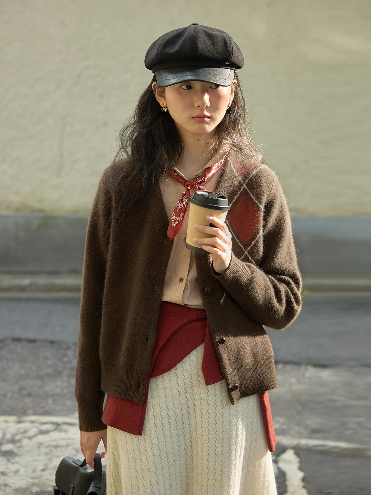 

Solighter Vintage Bear Fur Diamond Pattern Knitted Open Cardigan Women's Loose Fit Sweater Spring Autumn Winter New Arrival