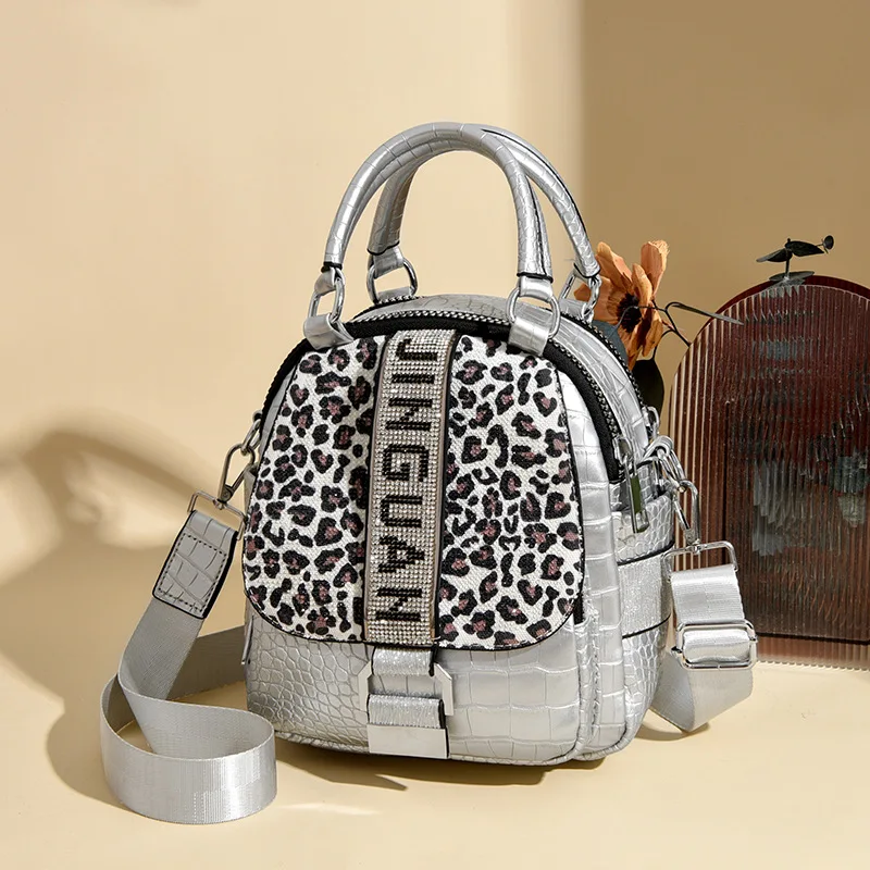 

Women's 2025 New 2-Way Backpack - Cross-Border Rhinestone Leopard Print Patent Crocodile Double-Pocket Bag