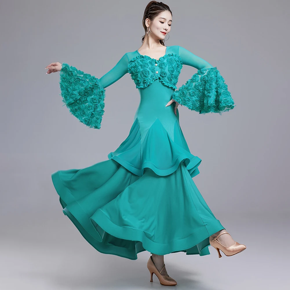 Professional Competition Dance Dress Green 2024 Waltz Dress Pink Three-dimensional Flowers Purple New National Standard Costume