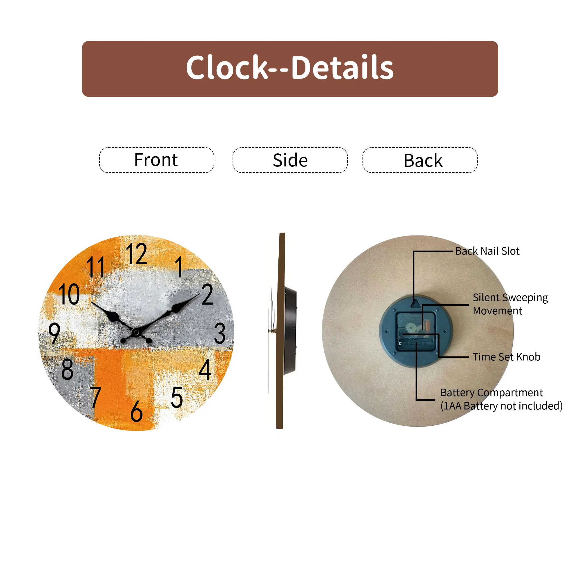 Abstract Orange gray oil painting wall clock, silent non-ticking wooden silent clock, suitable for living room bedroom, room dec