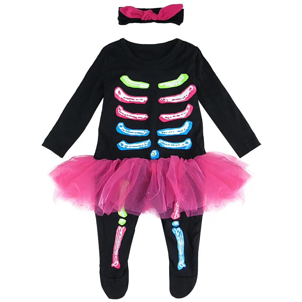 Baby Girls Halloween Skeleton Romper Newborn Fancy Dress Costume Infant Party Outfit Toddler Long Sleeve Jumpsuit 0-24 Months