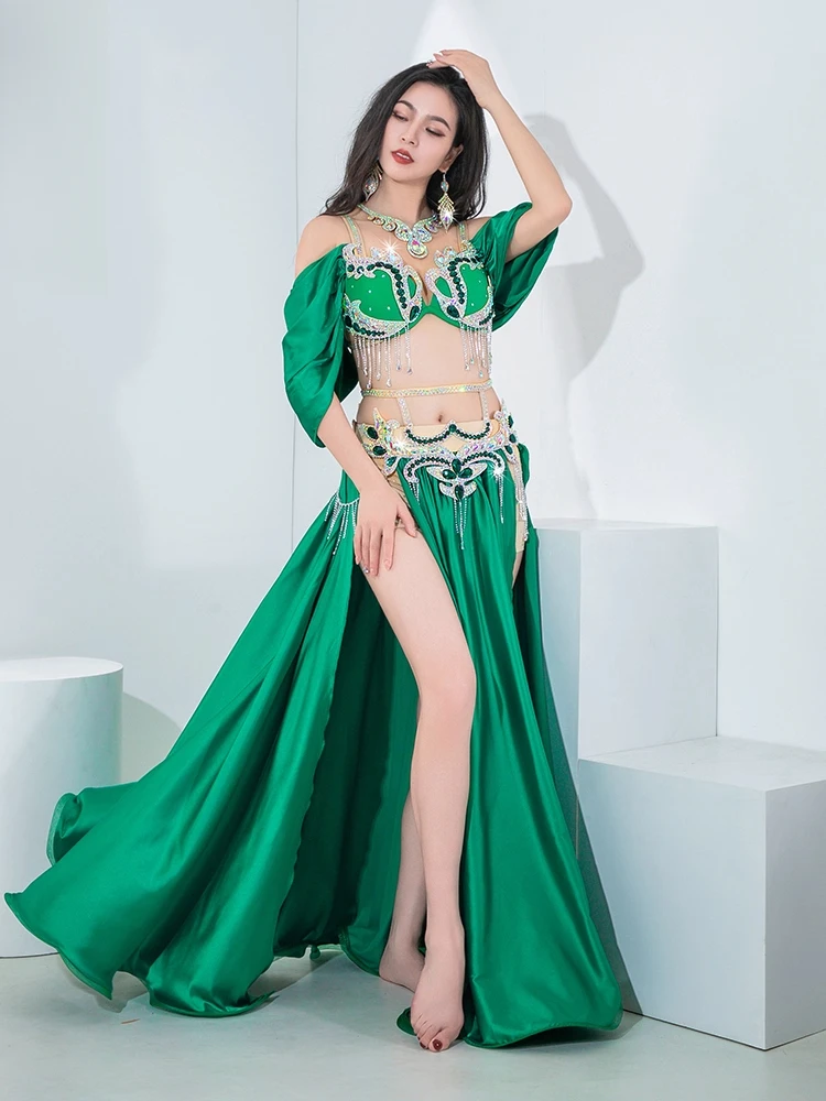 Nuovo stile costume da spettacolo di danza del ventre doppia fessura splendida gonna ampia altalena vestito da competizione di gruppo di danza orientale