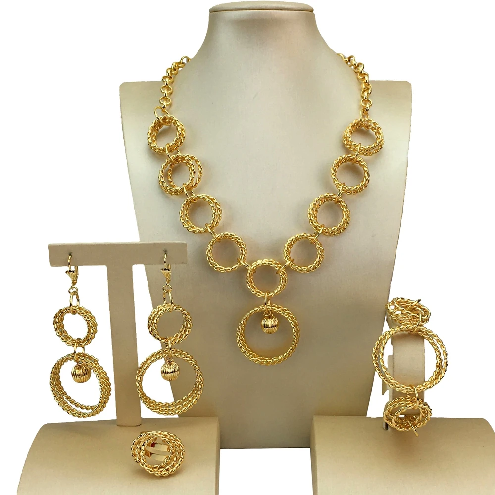 Yuminglai Dubai Gold Color Jewelry Set For Women 24K Gold Plated Luxury Brazil Jewelry Necklace Earring Bracelet Ring FHK17132