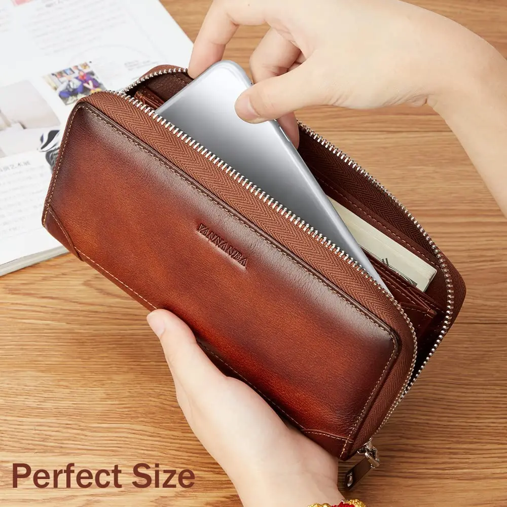 VANNANBA Long Zipper Wallet for Men RFID Blocking Leather Wallet Large Capacity Credit Card Holder with Gift Box(Dark Blue)