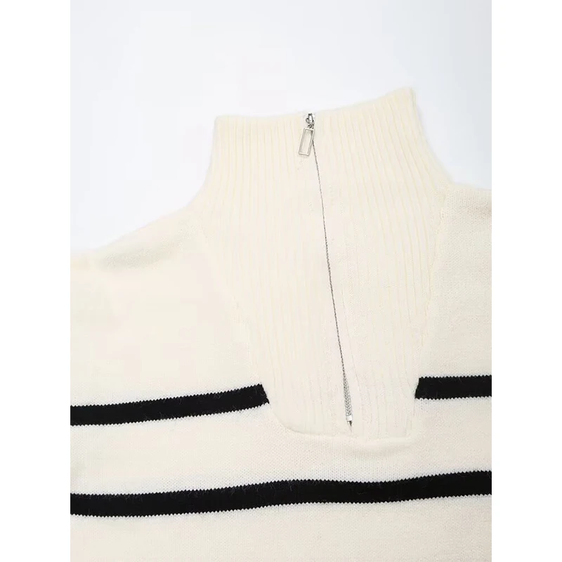 YENKYE Maglione da donna a righe con cerniera Manica lunga Colletto con risvolto Pullover lavorato a maglia Maglioni corti casual autunno inverno femminile