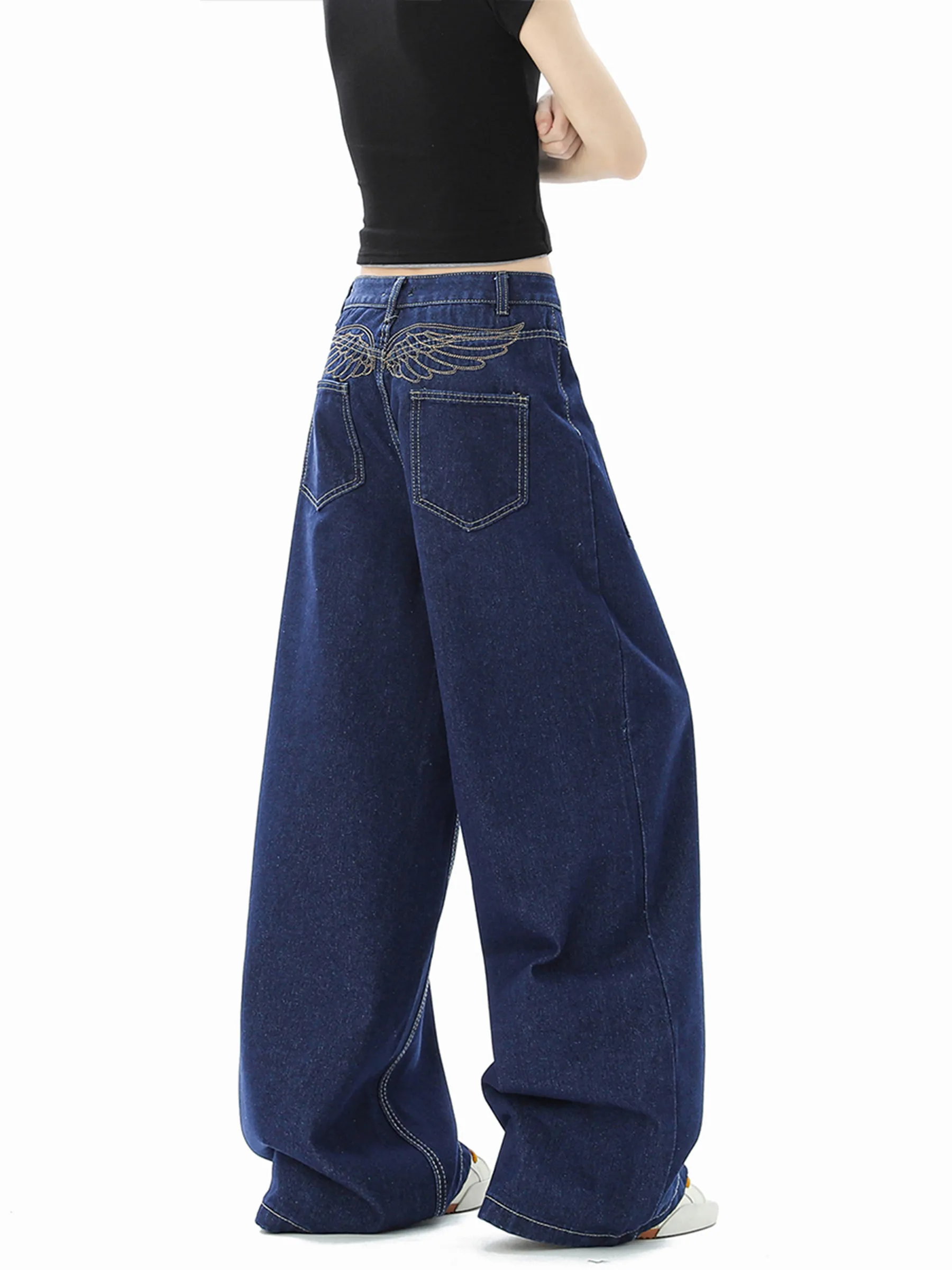 Retro American Embroidered Letter Washed Jeans Women's Loose Casual Wide Leg Pants Fashionable Street Style Cotton Denim
