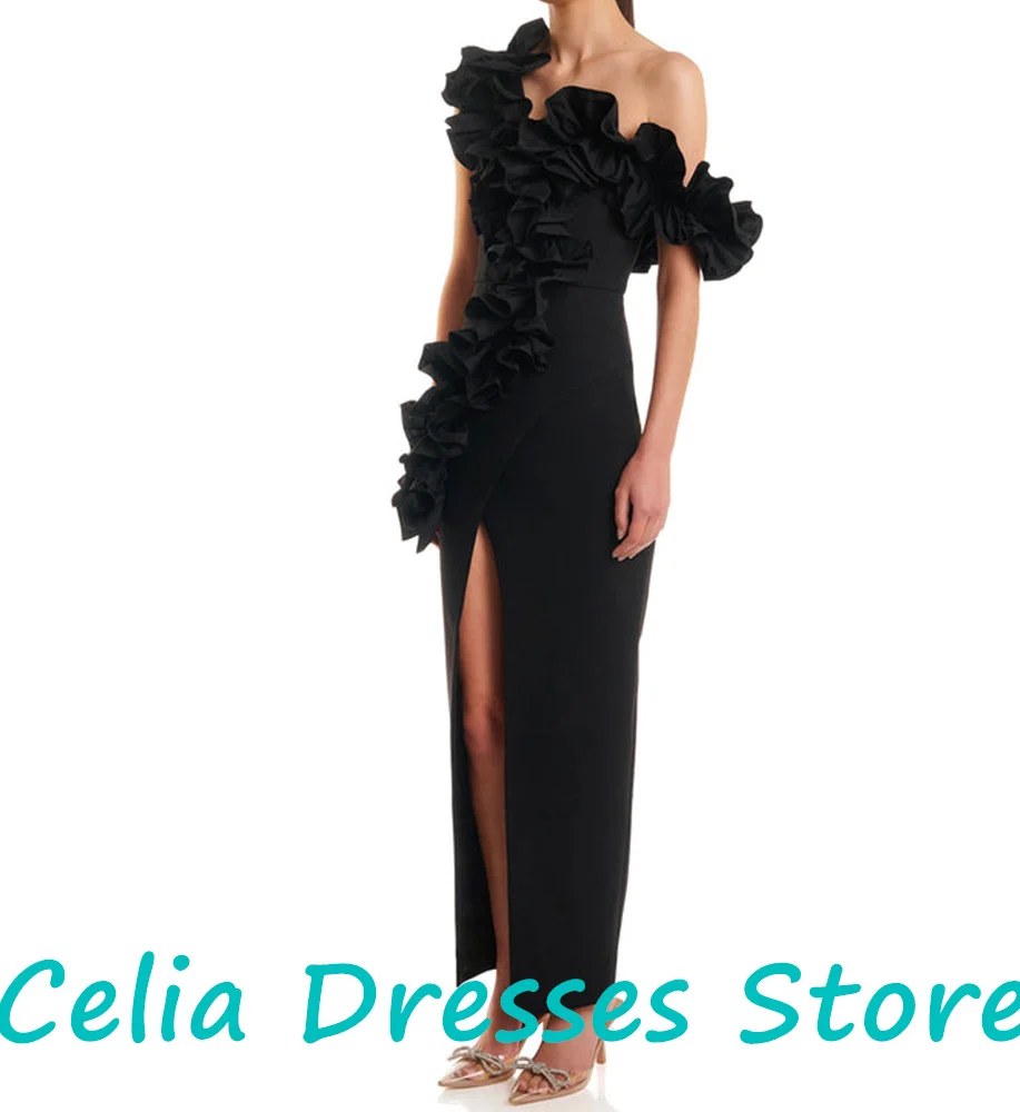 Off the Shoulder Short Sleeves Jersey Ankle Length Pleats Solid Black Fashion Classic Celebrity Dress Special Occasion Gowns