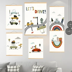 Animals Bus Rabbit Giraffe Zebra Deer Car Alphabet Wall Art Posters Wood Hanging Scroll Painting Cartoon Pictures For Kids Room
