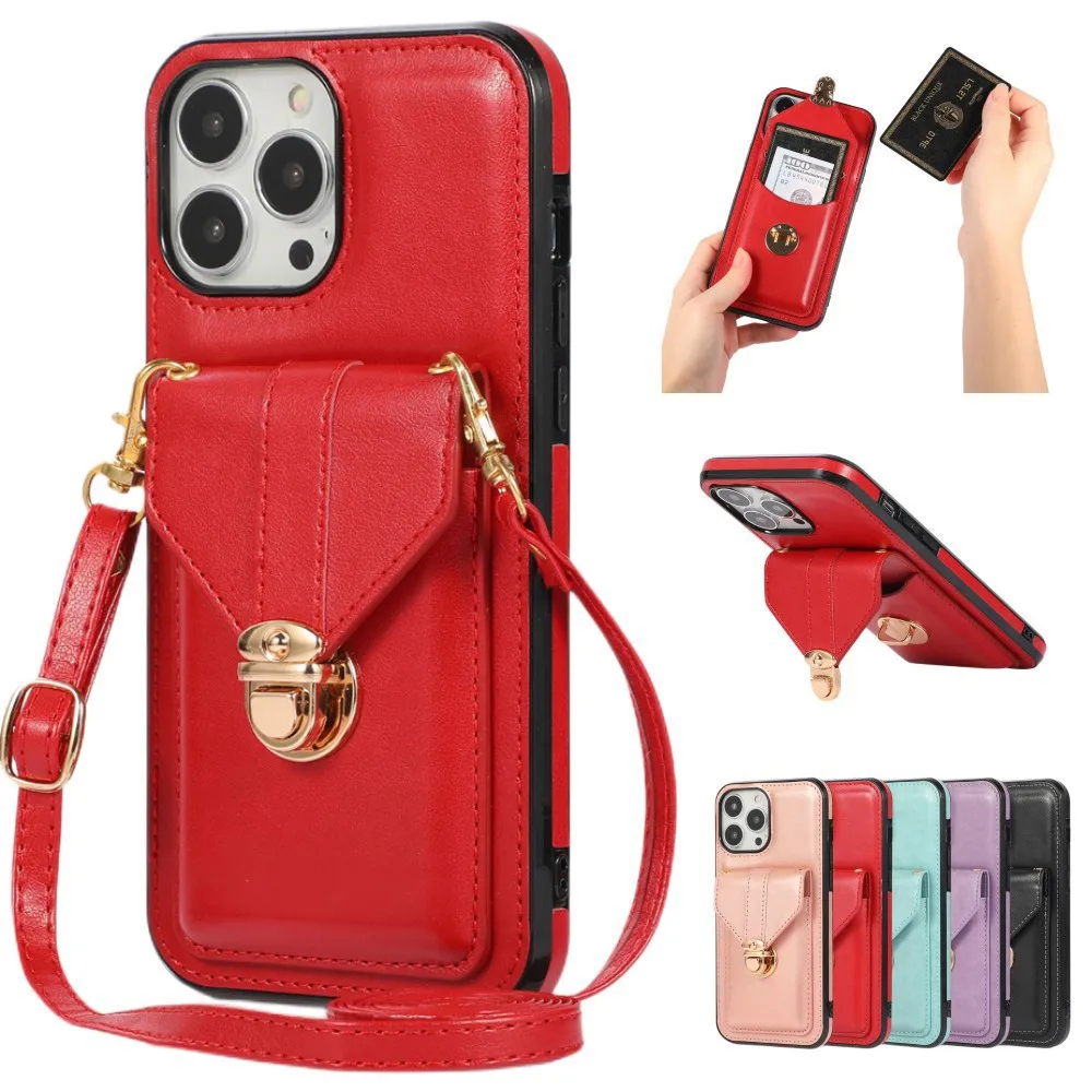 Leather Card Slot Wallet Case For iPhone 11 12 13 14 15 Pro Max X XR XS Max 7 8 Plus Phone Bag Card Holder Lanyard Cover Strap