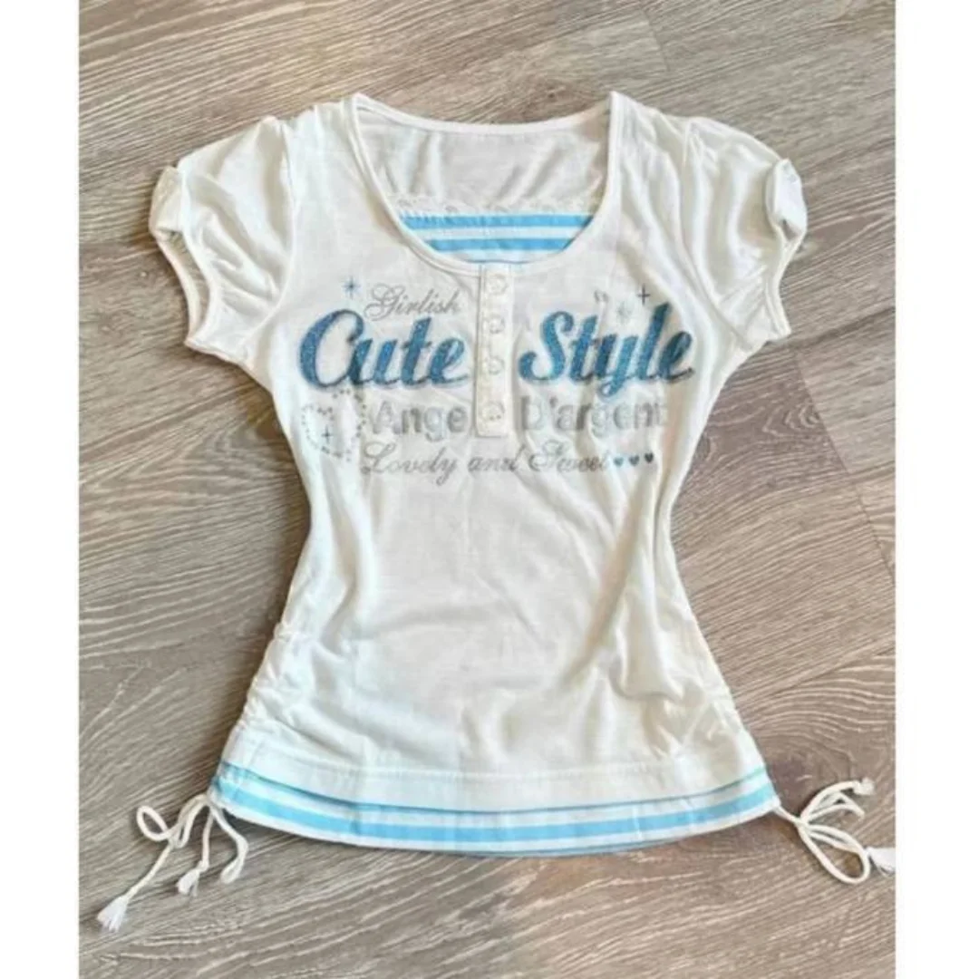 Y2kGrunge Sweet Girl Cute T-shirt Harajuku Alphabet Aesthetics Women's Short Sleeve Kpop Casual T-shirt Women's Clothing