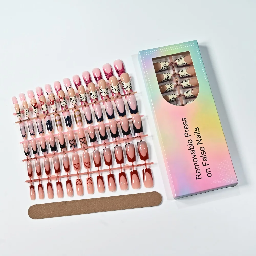 120Pcs Long Square Y2K Black Pink Ombre Press On Nails Cow Print & Red Heart Decor Fake Nails with File Waterproof False Nails *