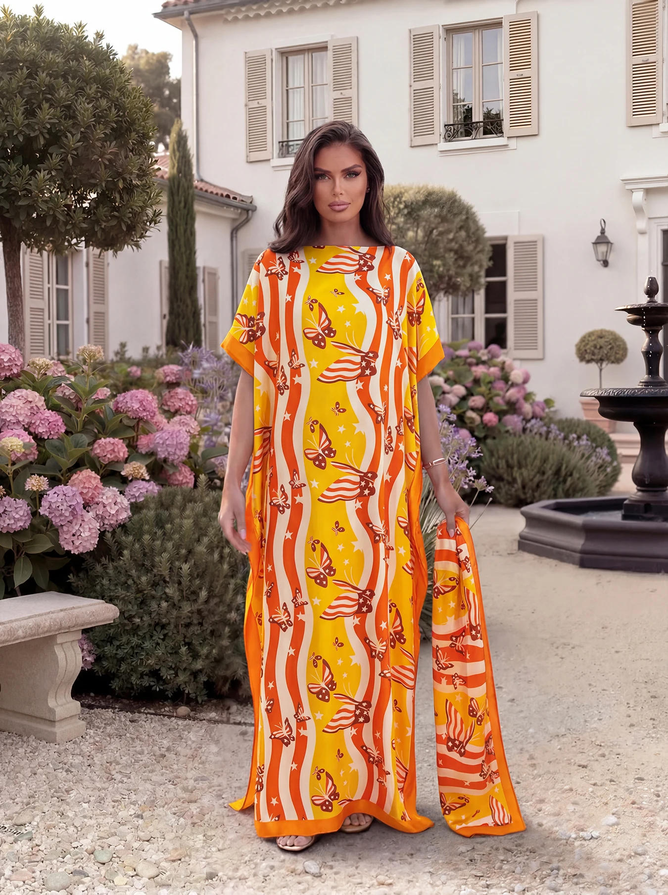 Butterfly Stripe Print Kaftan Abaya With Matching Scarf, Loose Short‑Sleeve Long Robe, Chic Summer Beach Outfit for Muslim Women