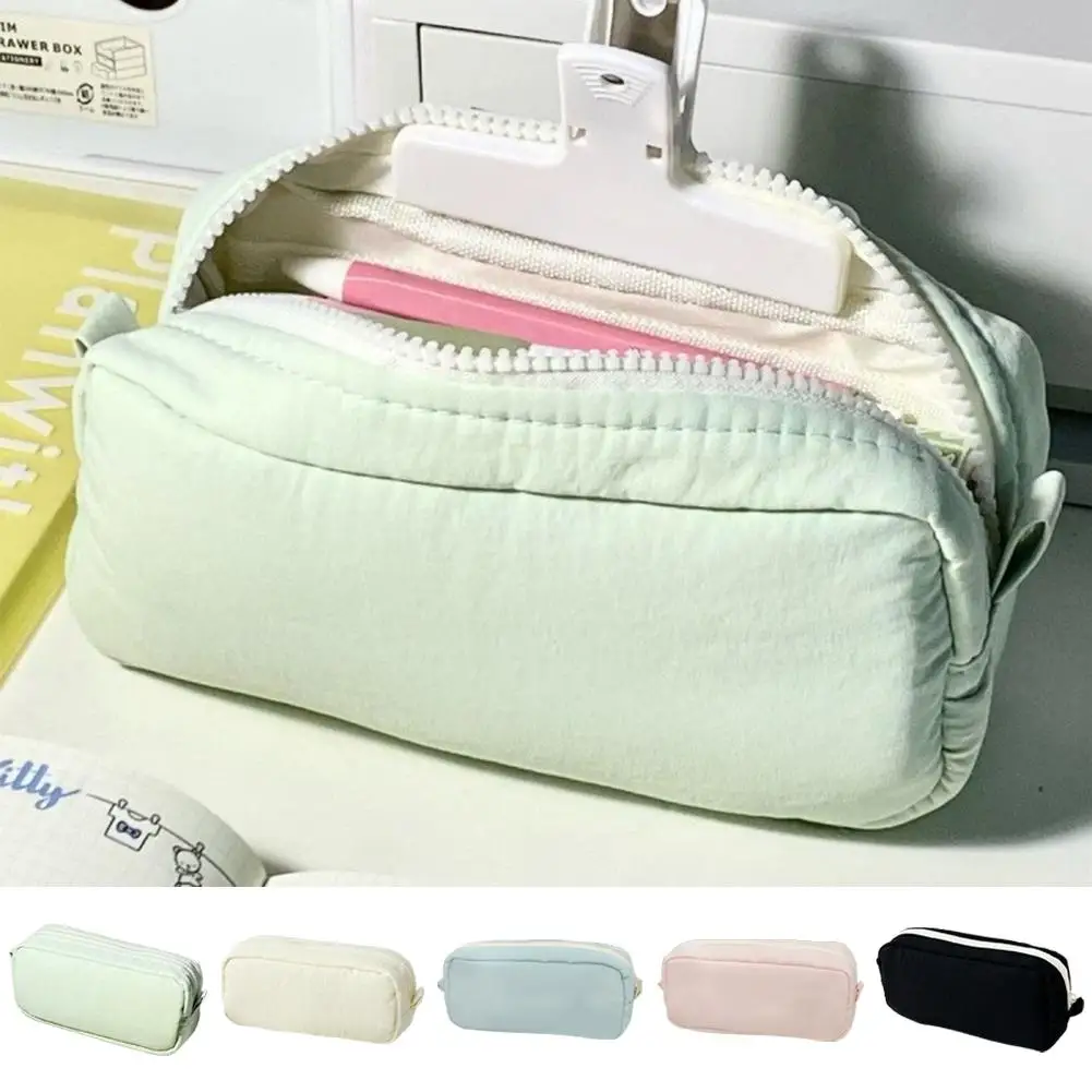 Square Large Storage Pencil Case Separate Double Inner Dividers Wide Top Zipper Pink Blue White Portable Stationery Bag